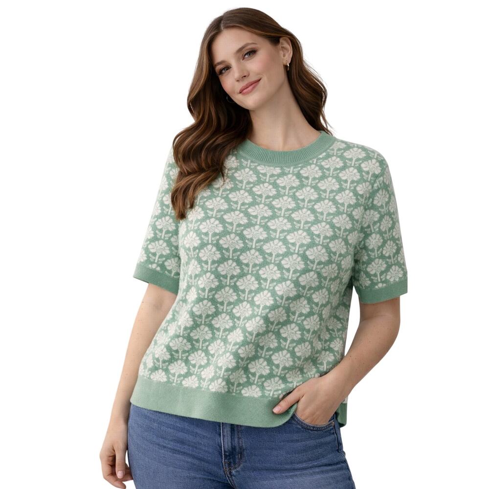 Adrianna Papell Green White Short Sleeve Knit Top Medium